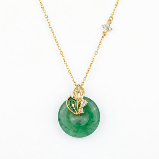 925 Sterling Silver Elegant Green Jadeite Donut Necklace with Sparkling Floral Accents and Enamel Leaf Details
