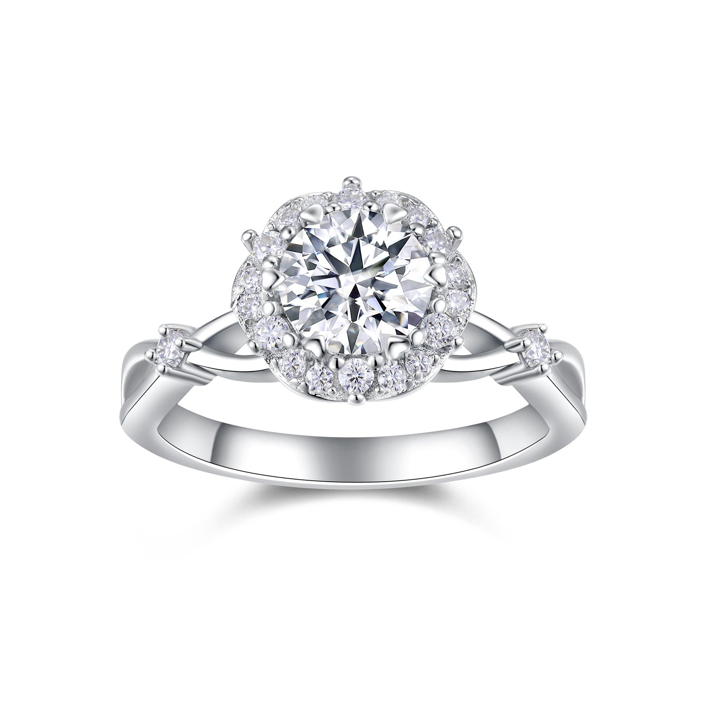"Starlight Halo" 1 CT D VVS Moissanite Platinum-Plated S925 Silver Ring