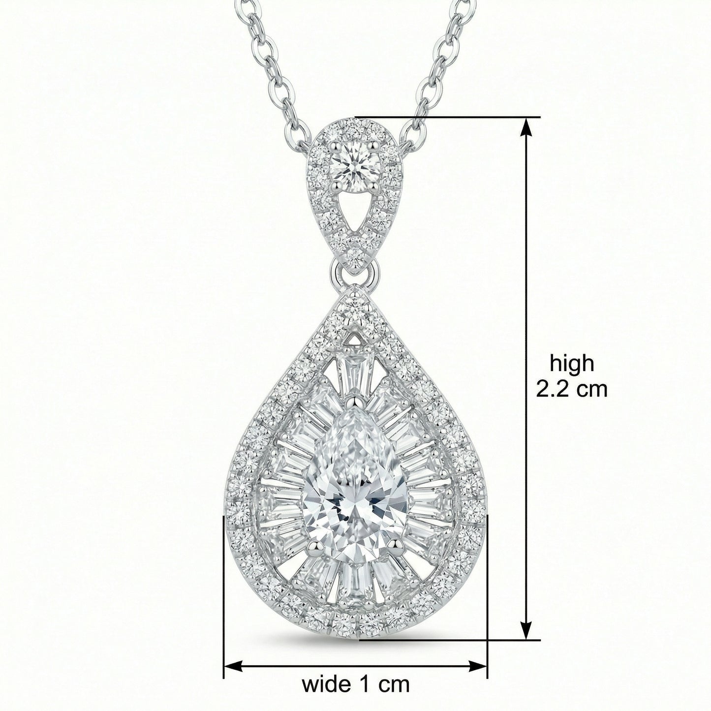 925 Sterling Silver Elegant Pear-Shaped Diamond Sunburst Halo Pendant Necklace