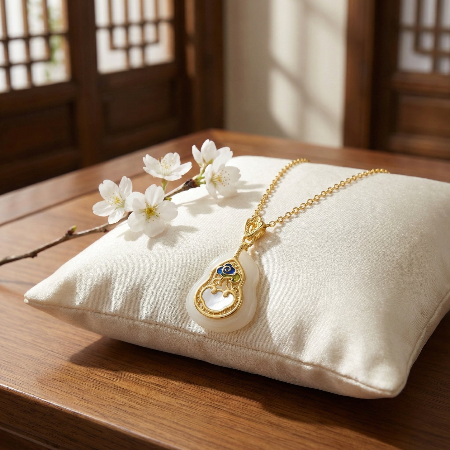 925 Sterling Silver Elegant Hulu Pendant Necklace Featuring Enamel Ruyi Cloud and Shimmering White Gemstone
