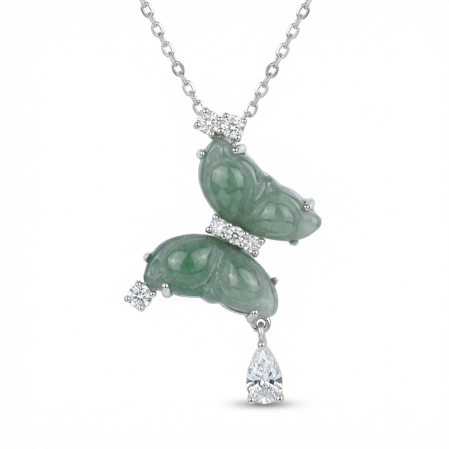 925 Sterling Silver Elegant Green Jade Butterfly Pendant Necklace with Brilliant Diamond Accents