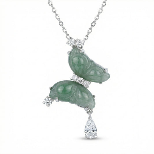 925 Sterling Silver Elegant Green Jade Butterfly Pendant Necklace with Brilliant Diamond Accents