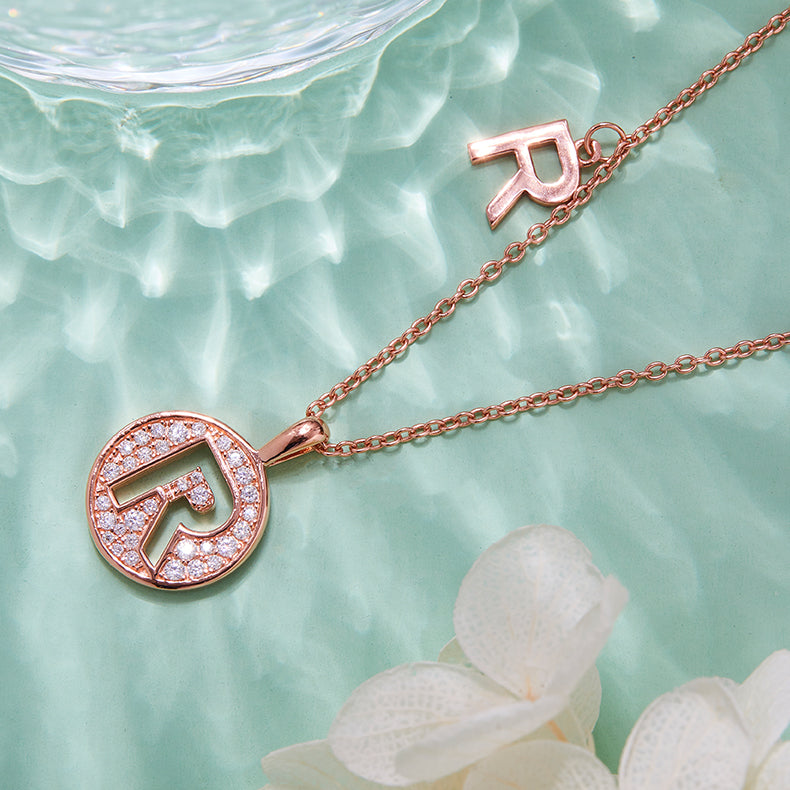 Luxury Initial Letter Necklace Pendant – R , S925 Silver Rose Gold Plated with Top-Quality Brilliant Moissanite