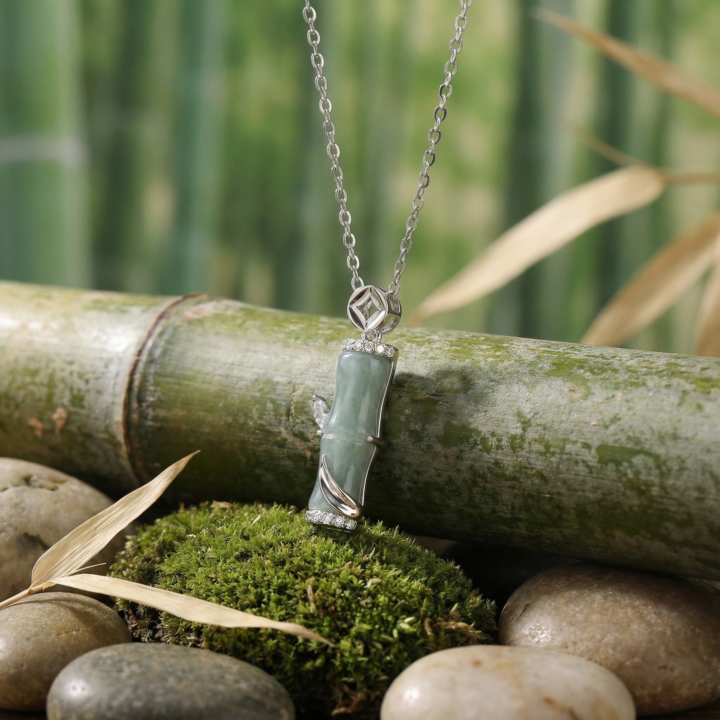 925 Sterling Silver Elegant Natural Green Jade Bamboo Stalk Pendant Necklace with Sparkling Accents