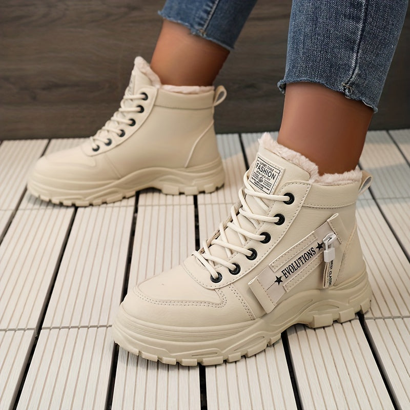 Women'S Winter High-Top Boots - Warm Fleece-Lined Ankle Boots with Thick Sole, Lace-Up Casual Style