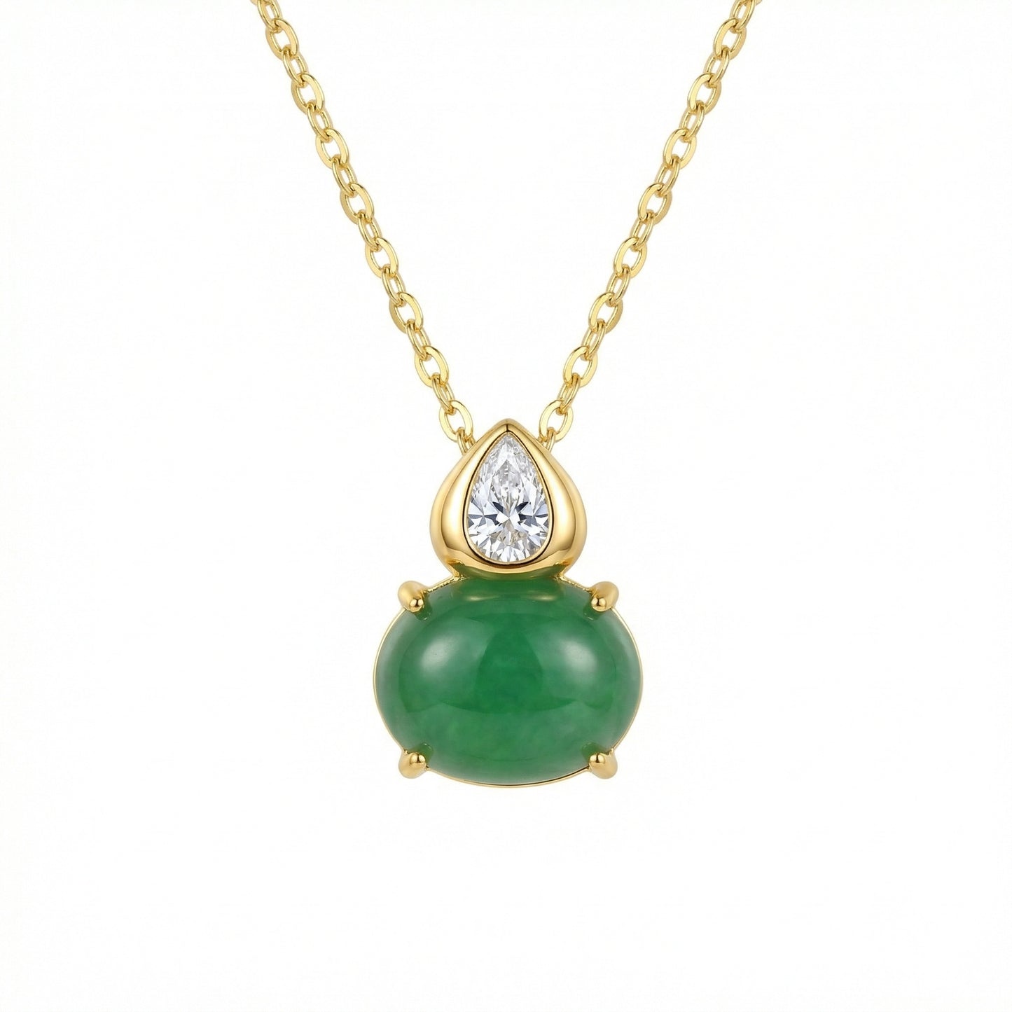 925 Sterling Silver Pear-Shaped Diamond and Green Jadeite Cabochon Necklace Pendant