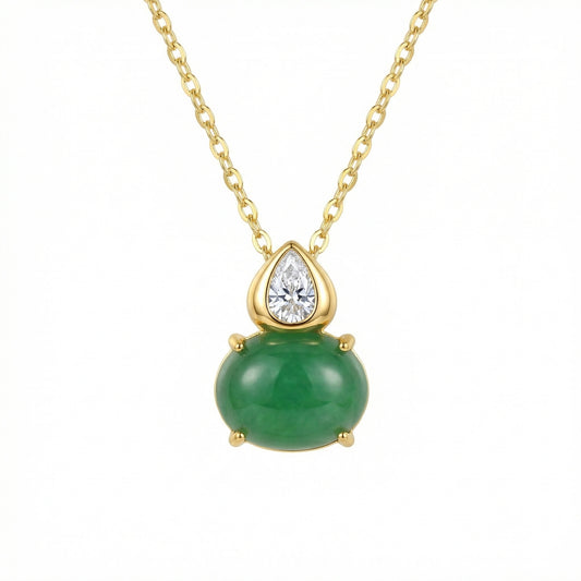925 Sterling Silver Pear-Shaped Diamond and Green Jadeite Cabochon Necklace Pendant