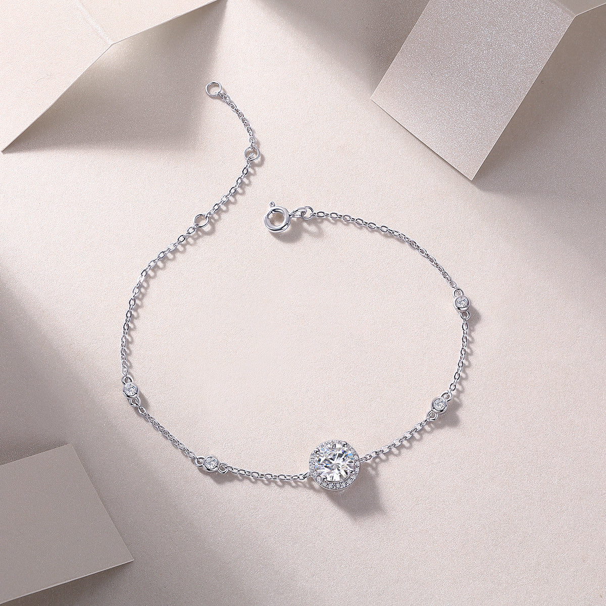 D Color VVS1 Moissanite Halo Station Bracelet | S925 Sterling Silver Platinum Plated Adjustable