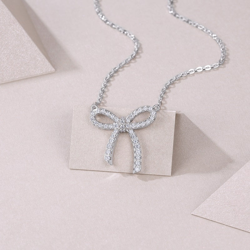 Luxury Moissanite Bow Pendant Necklace in S925 Sterling Silver, Electroplated Platinum Finish - Top-Quality & Dazzling Bowknot Jewelry Gift