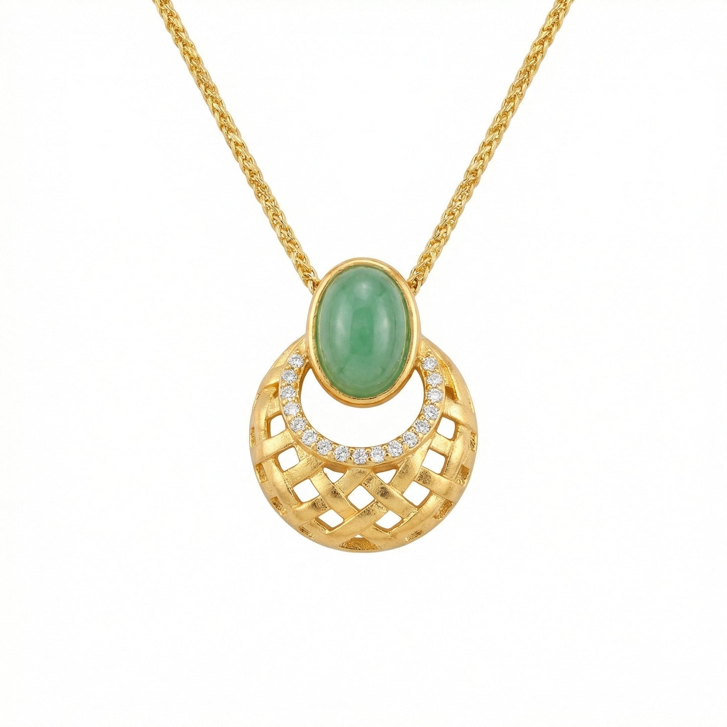 925 Sterling Silver Elegant Green Jade Oval Pendant Necklace with Intricate Lattice Weave and Sparkling Stones