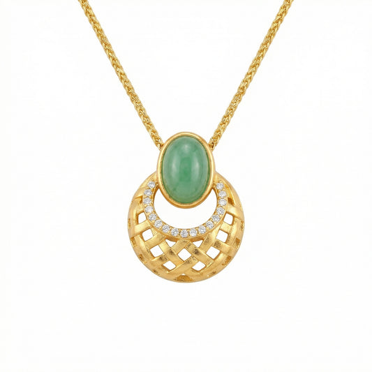 925 Sterling Silver Elegant Green Jade Oval Pendant Necklace with Intricate Lattice Weave and Sparkling Stones