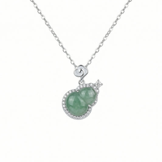925 Sterling Silver Elegant Green Jadeite Hulu Gourd Pendant Necklace with Diamond Accents and Auspicious Cloud Motif
