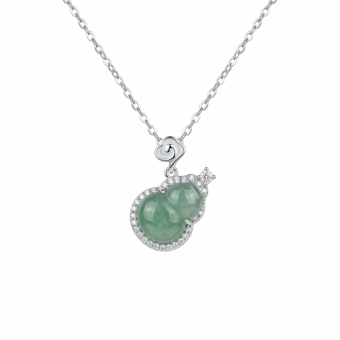 925 Sterling Silver Elegant Green Jadeite Hulu Gourd Pendant Necklace with Diamond Accents and Auspicious Cloud Motif