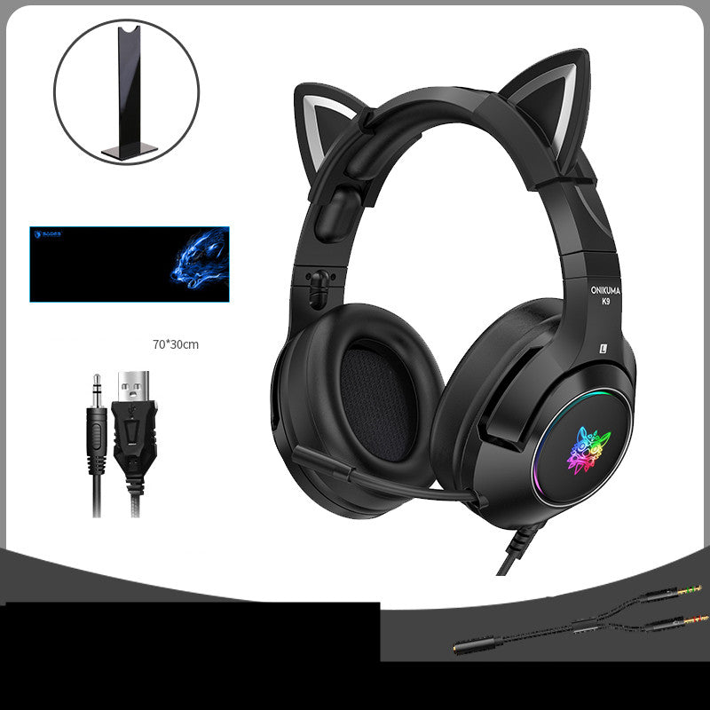 Casque de jeu RGB à réduction de bruit avec microphone et oreilles de chat amovibles.