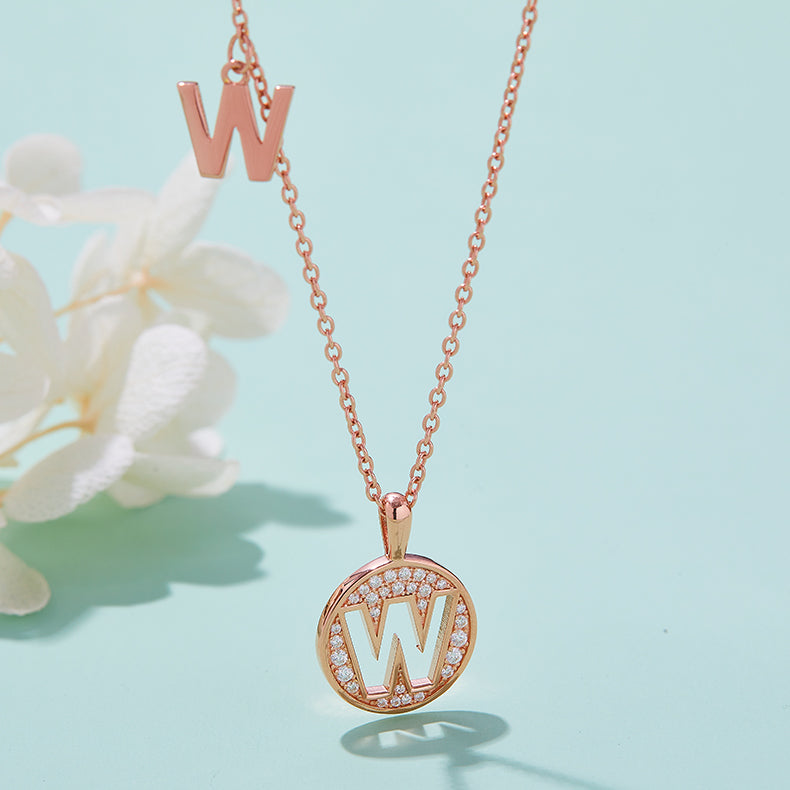 Luxury Initial Letter Necklace Pendant – W , S925 Silver Rose Gold Plated with Top-Quality Brilliant Moissanite
