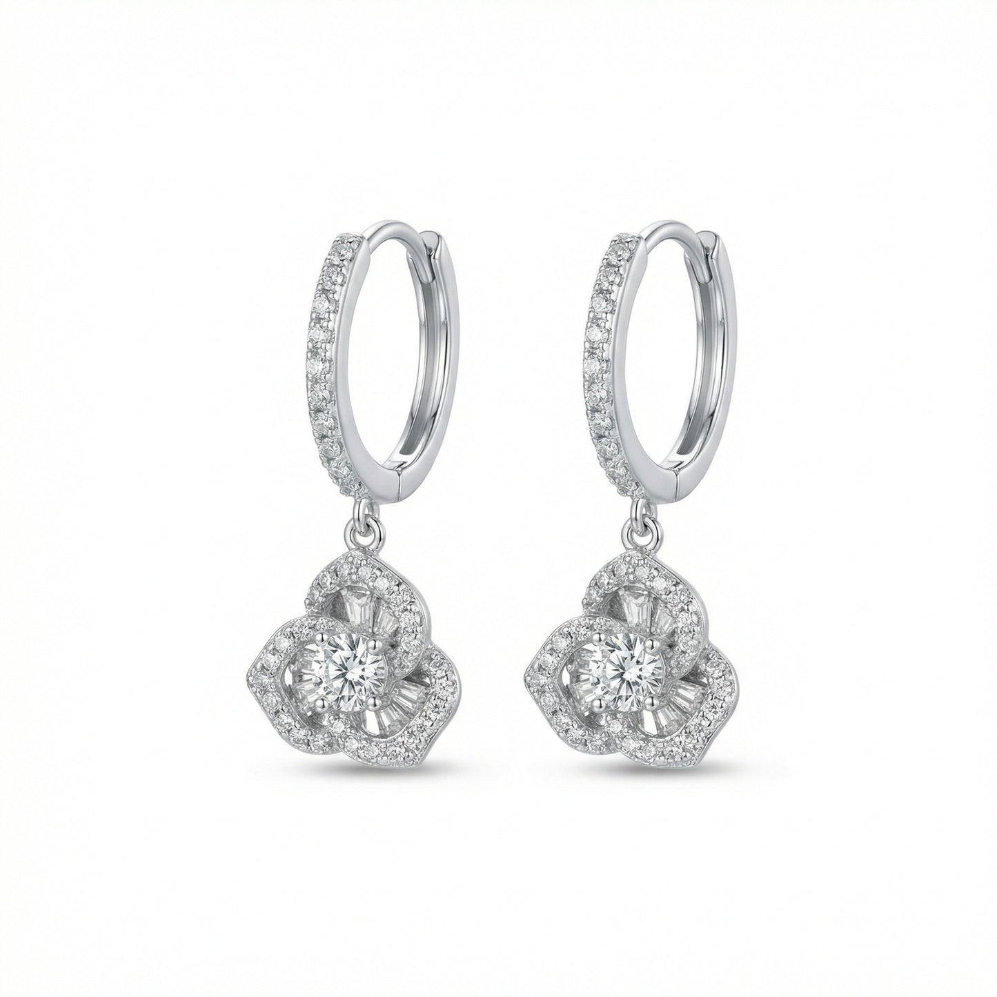 925 Sterling Silver Elegant Floral Bloom Dangle Earrings with Brilliant Round and Baguette Accents in Shimmering White Metal