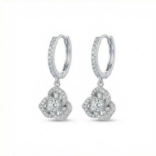 925 Sterling Silver Elegant Floral Bloom Dangle Earrings with Brilliant Round and Baguette Accents in Shimmering White Metal