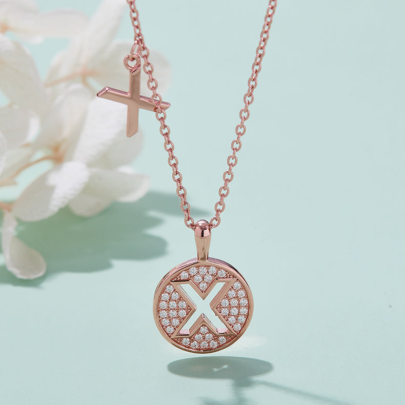 Luxury Initial Letter Necklace Pendant – X , S925 Silver Rose Gold Plated with Top-Quality Brilliant Moissanite