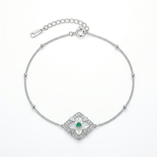 925 Sterling Silver Elegant Sterling Silver Clover Bracelet with Mother of Pearl and Green Gemstone