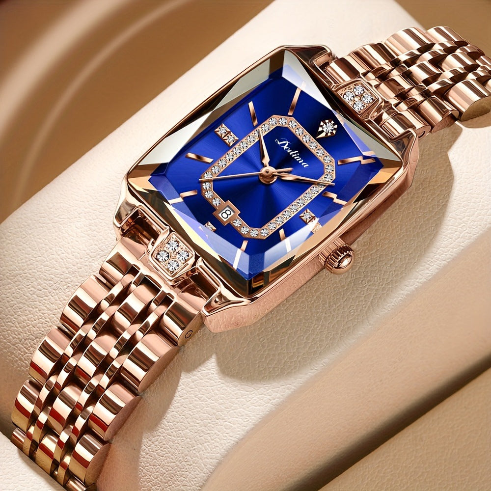 High-end Square Dial Women's Watch - Rose Gold Stainless Steel, Date Display & Zircon Accents