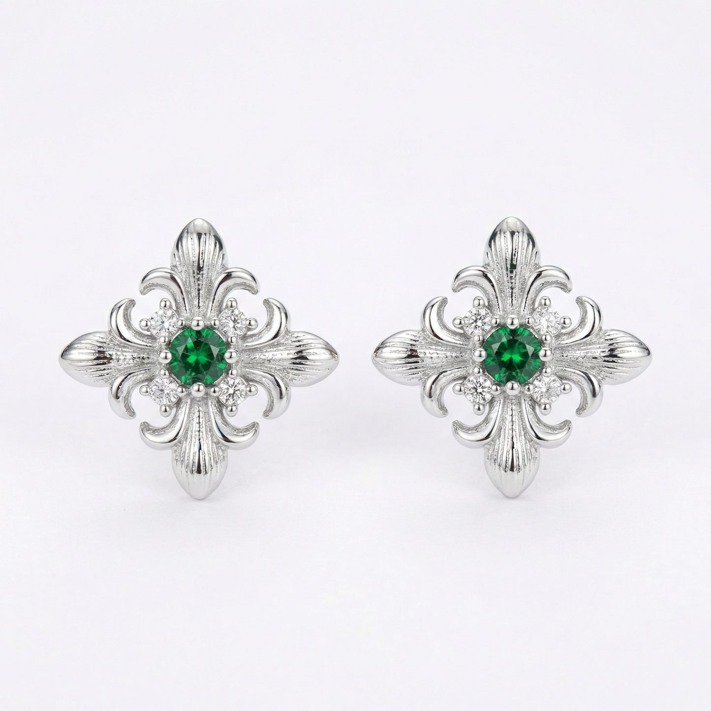 925 Sterling Silver Vintage-Style Fleur-de-lis Silver Stud Earrings with Emerald Green Accents