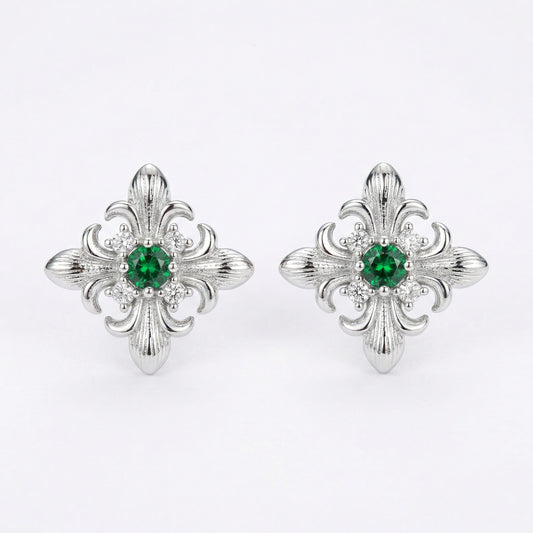 925 Sterling Silver Vintage-Style Fleur-de-lis Silver Stud Earrings with Emerald Green Accents