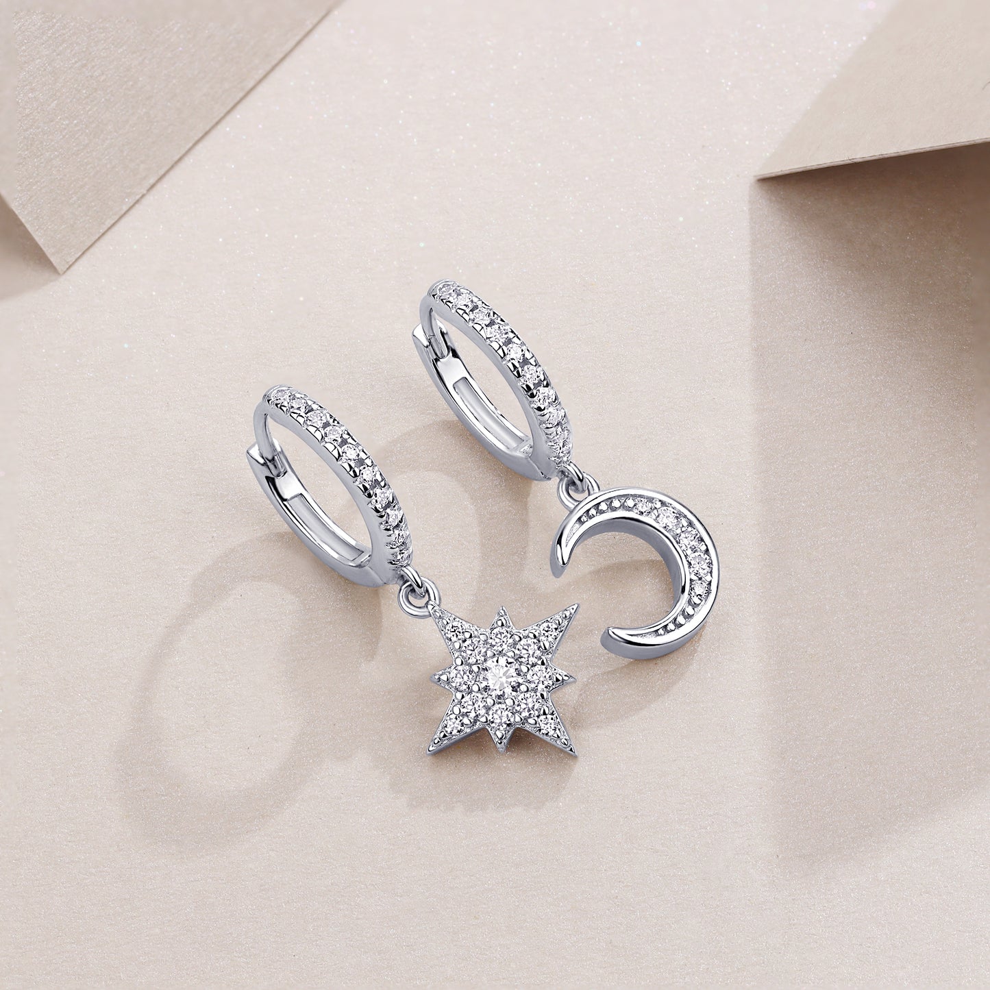 S925 Sterling Silver Moissanite Star and Moon Earrings Set, Platinum-Plated Studs