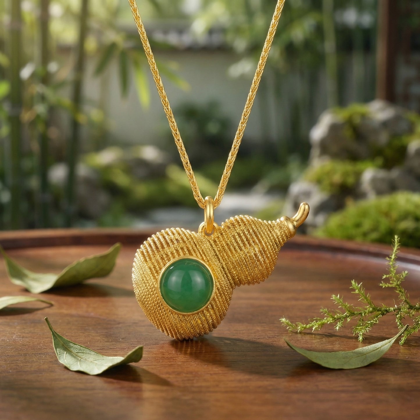 925 Sterling Silver Elegant Green Gemstone Gourd Pendant Necklace with Intricate Coiled Metallic Design