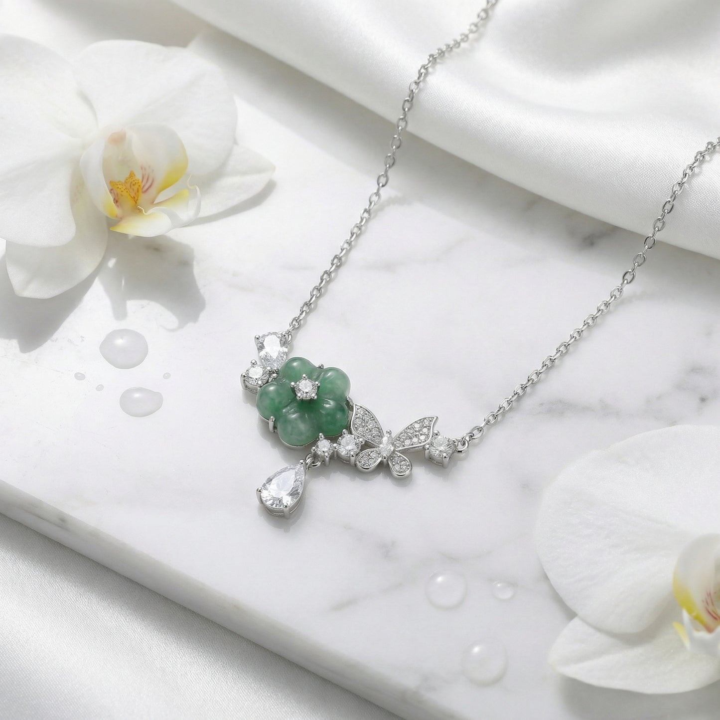 925 Sterling Silver Elegant Silver Necklace Featuring Green Jade Flower and Diamond Butterfly Accents
