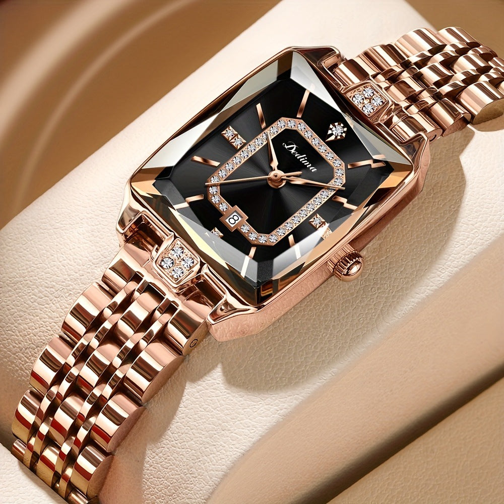 High-end Square Dial Women's Watch - Rose Gold Stainless Steel, Date Display & Zircon Accents