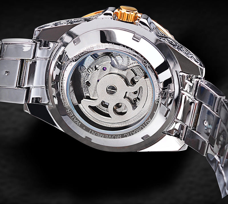 Luxury Men's Skeleton Carved Tourbillon Mechanical Watch - Automatic Self-Wind Wristwatch with Moon Phase