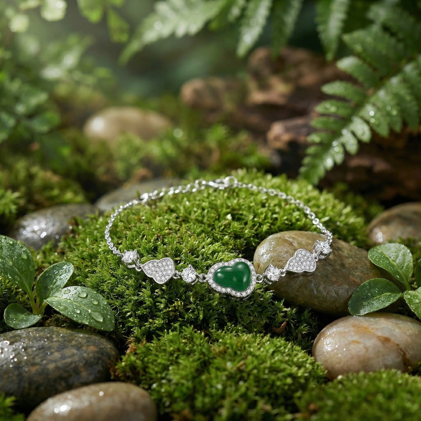 925 Sterling Silver Elegant Silver Heart Bracelet Featuring Green Gemstone and Sparkling Pavé Zirconia Accents