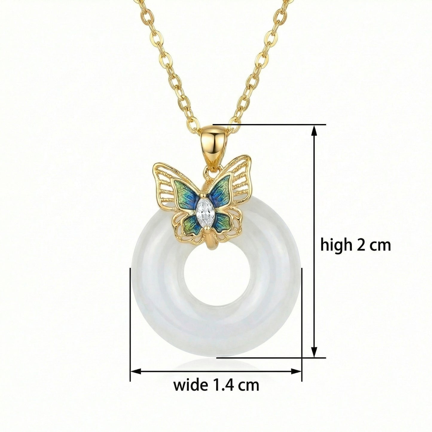 925 Sterling Silver Enchanted Butterfly Enamel and White Translucent Stone Donut Pendant Necklace