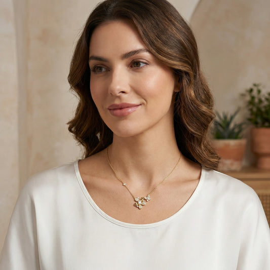 925 Sterling Silver Exquisite Diamond Flower and Butterfly Pendant Necklace with Emerald-Cut Centerpiece and Bezel-Set Accents