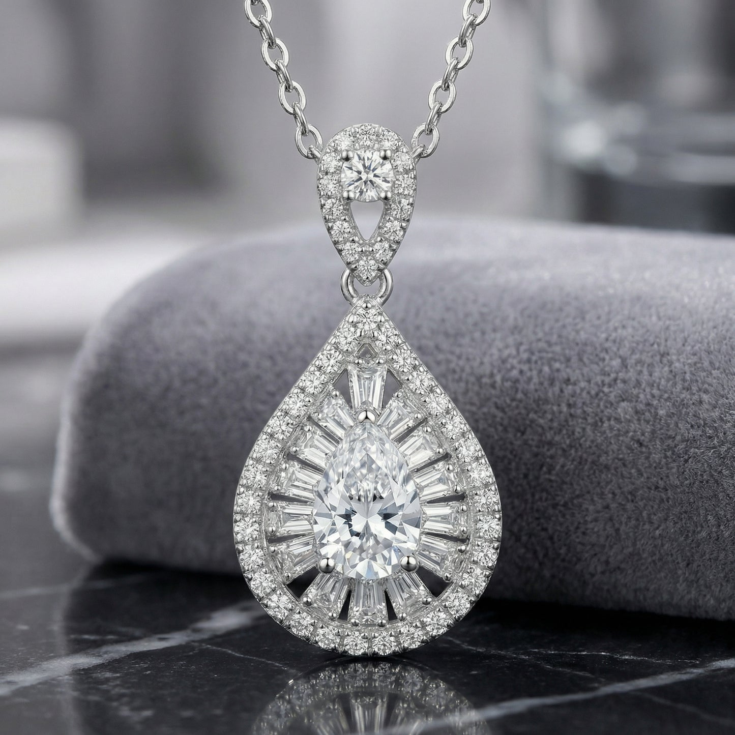 925 Sterling Silver Elegant Pear-Shaped Diamond Sunburst Halo Pendant Necklace