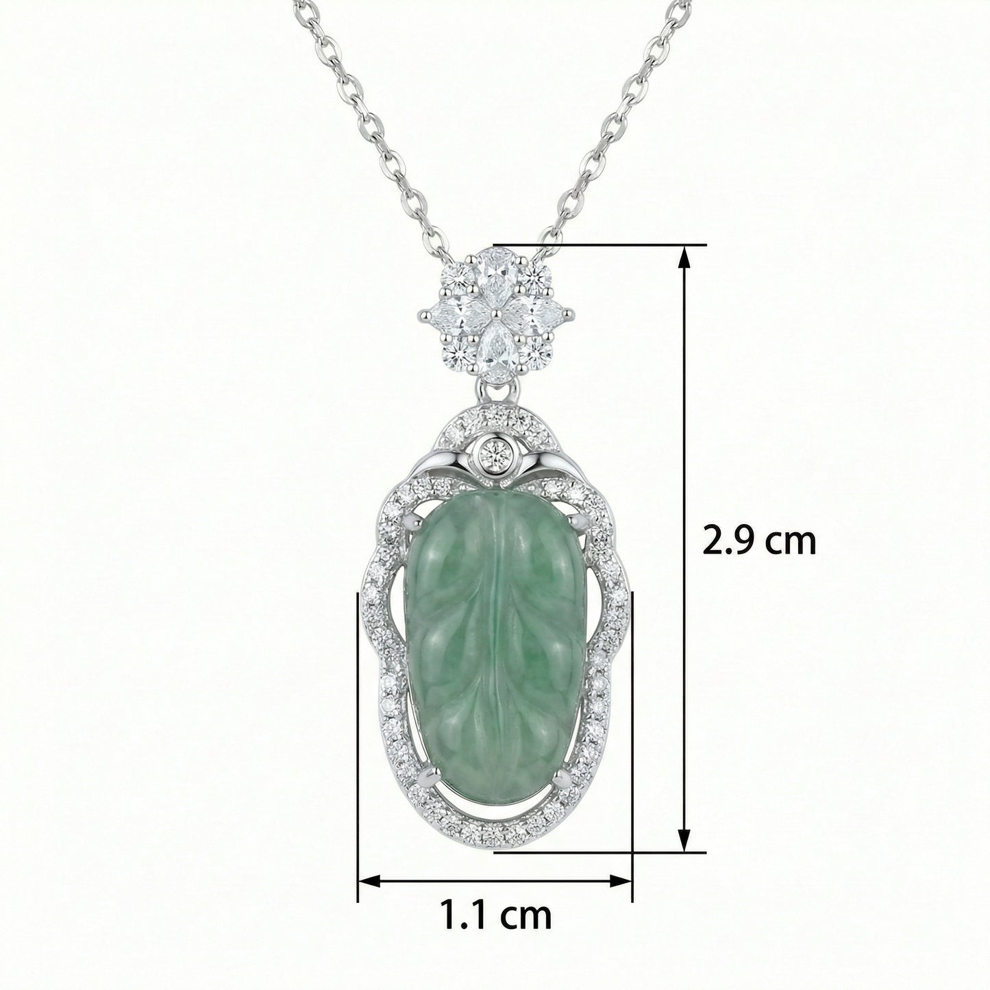 925 Sterling Silver Exquisite Carved Green Jade Leaf Pendant Necklace with Sparkling Stone Accents