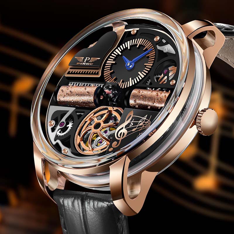 Luxury Skeleton Music Series Mechanical Watch for Men – Automatic Movement, Stainless Steel Case with Genuine Leather Strap, Artistic Open-Work Dial Design