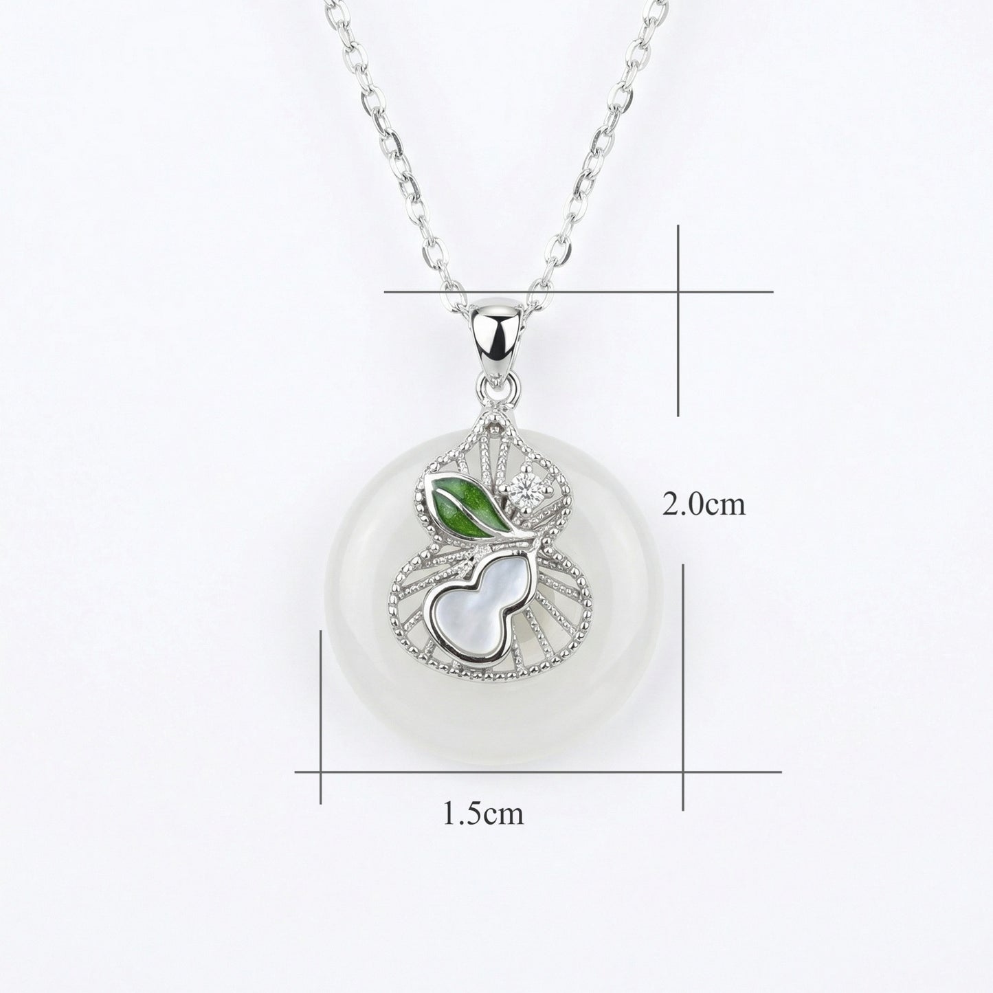 925 Sterling Silver White Jade Ping'an Kou Necklace with Silver Gourd, Mother-of-Pearl, and Green Enamel Accents