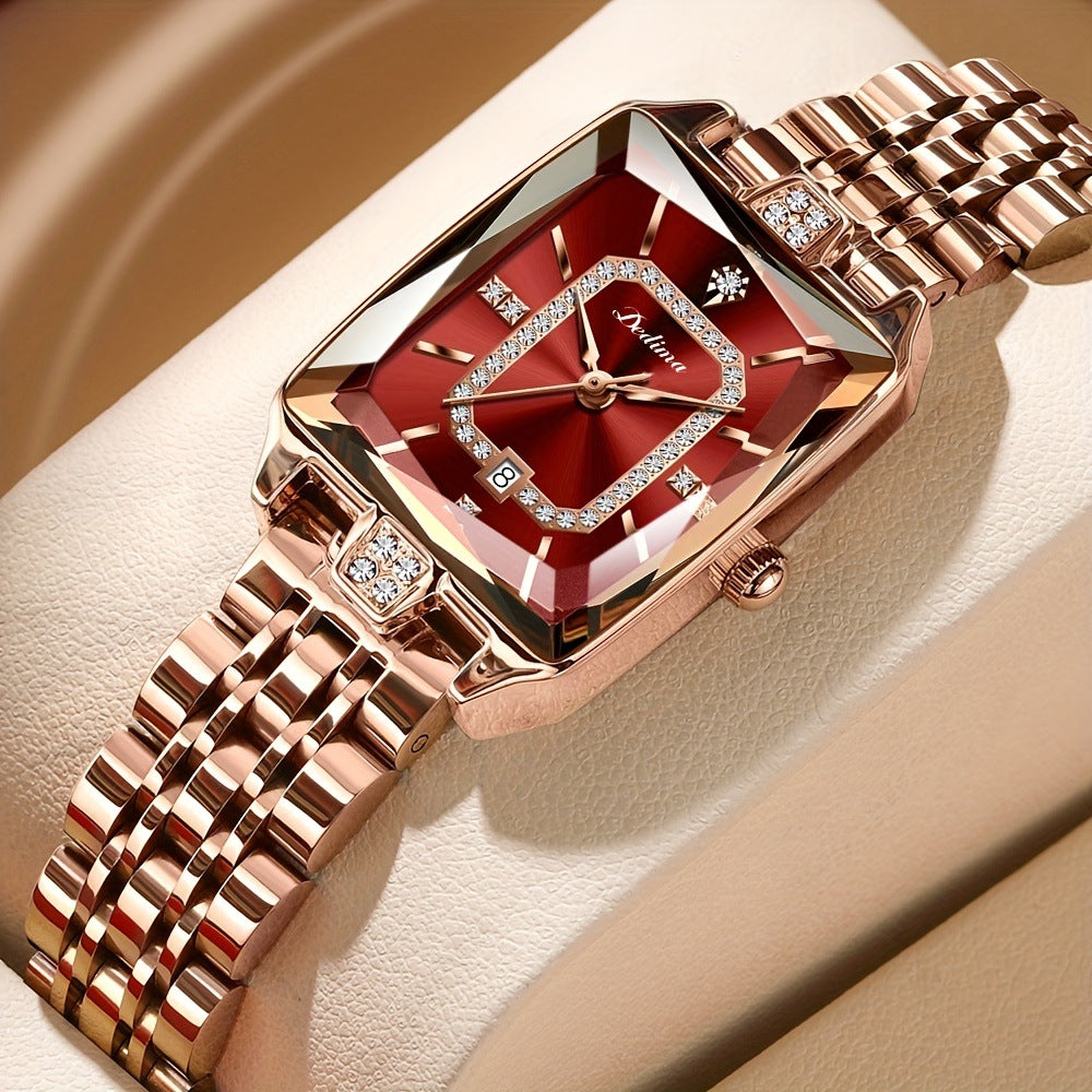 High-end Square Dial Women's Watch - Rose Gold Stainless Steel, Date Display & Zircon Accents