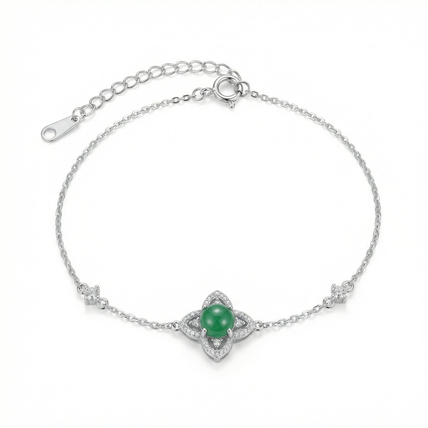 925 Sterling Silver Elegant Sterling Silver Floral Bracelet with Green Gemstone and Sparkling Accents