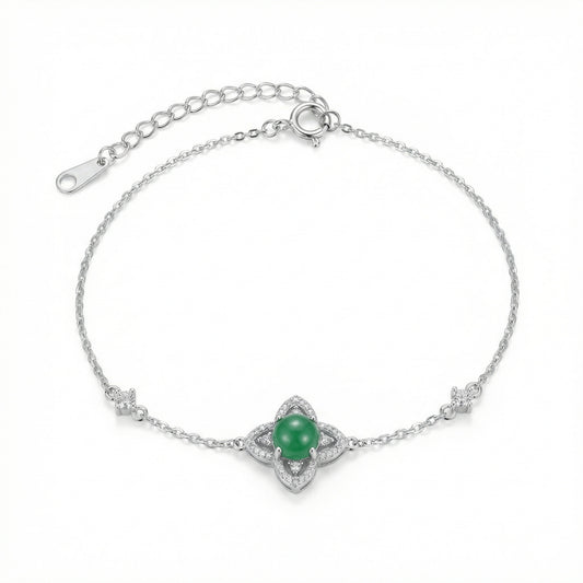 925 Sterling Silver Elegant Sterling Silver Floral Bracelet with Green Gemstone and Sparkling Accents