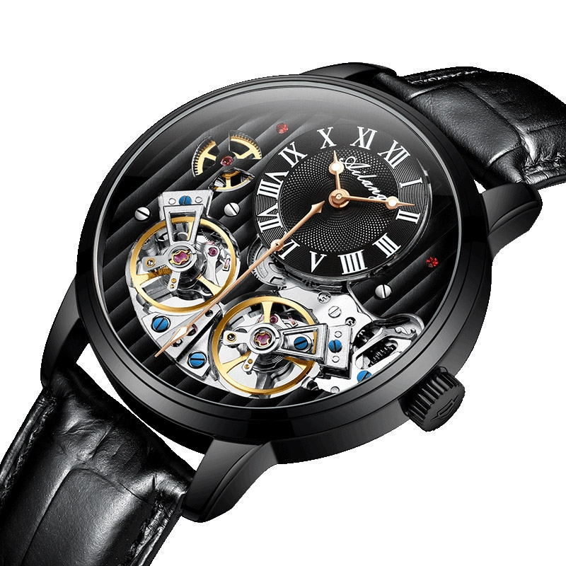 Luxury Double Flywheel Automatic Mechanical Watch – 41mm Stainless Steel Case,  Roman Dial Leather Strap