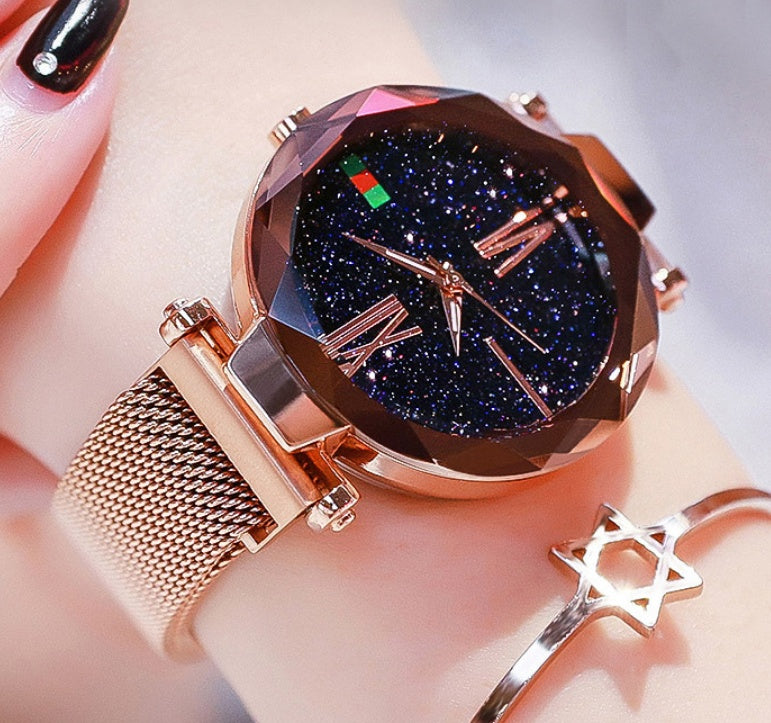 Starry Sky Women's Watch - Magnetic Mesh Band & Faceted Crystal Dial