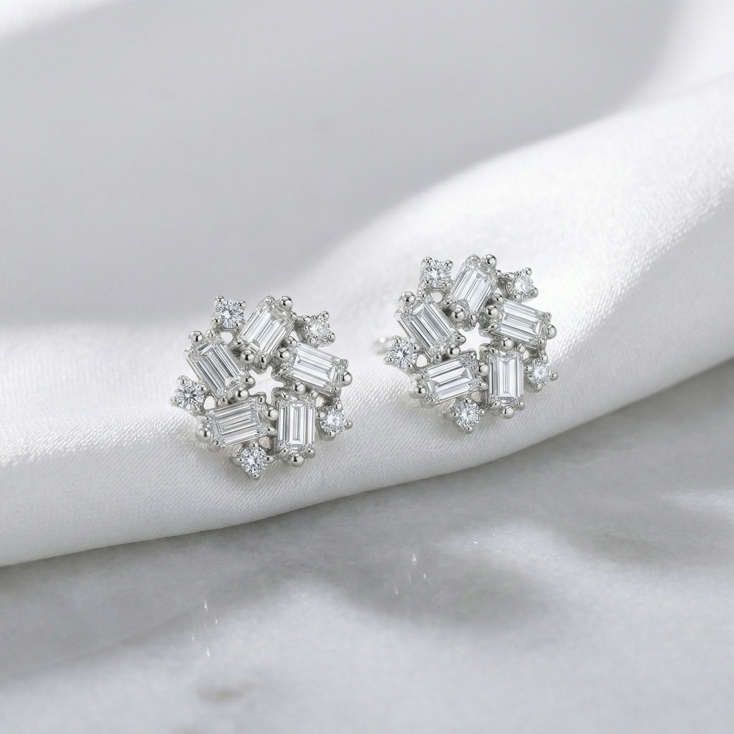 925 Sterling Silver Sparkling Baguette and Round Diamond Snowflake Cluster Stud Earrings