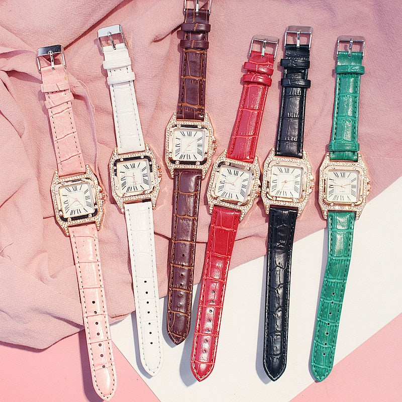 Elegant Women's Square Dial Watch with Rhinestone Bezel & Crocodile-Pattern Faux Leather Strap