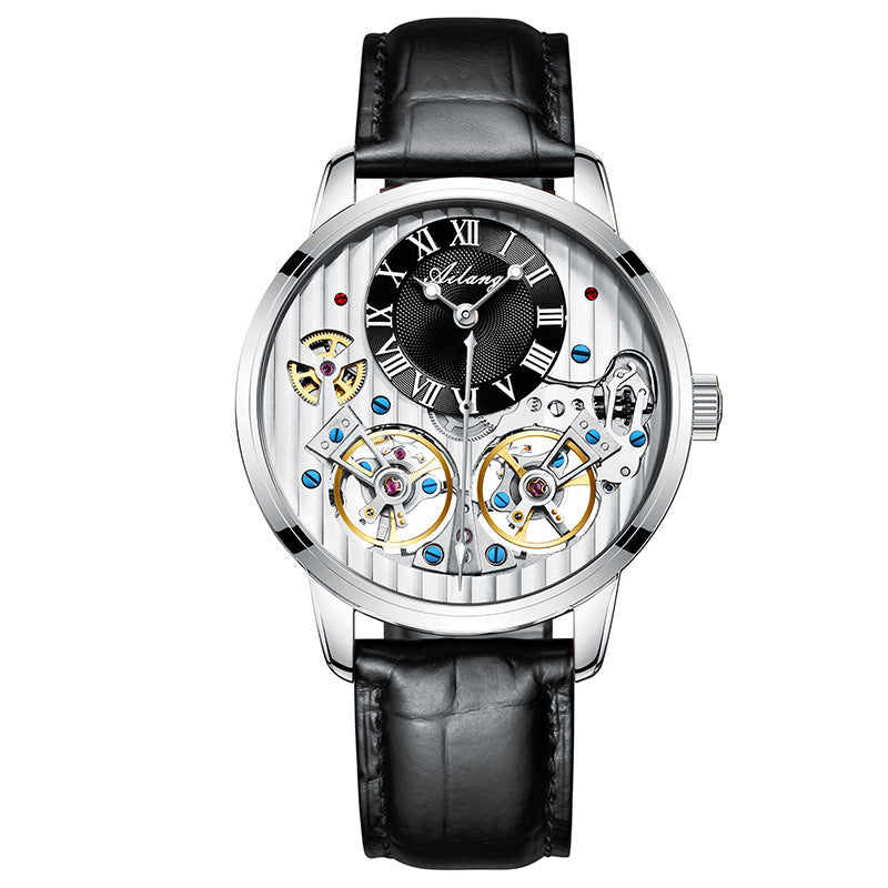 Luxury Double Flywheel Automatic Mechanical Watch – 41mm Stainless Steel Case,  Roman Dial Leather Strap
