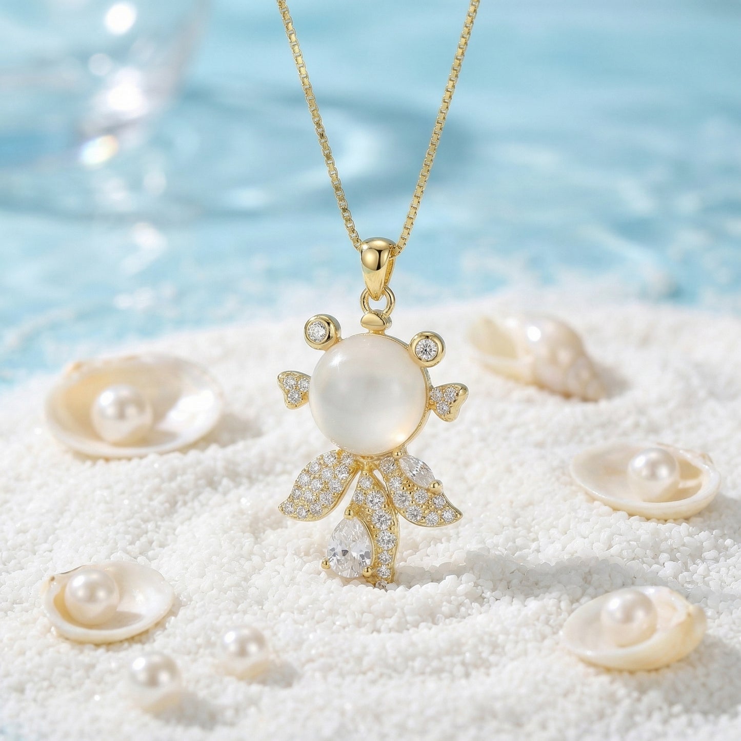 925 Sterling Silver Whimsical Fish Pendant Necklace with Luminous White Gemstone and Shimmering Crystal Accents