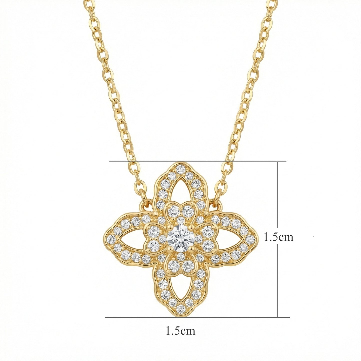 925 Sterling Silver Elegant Diamond Encrusted Four-Petal Floral Pendant on a Delicate Chain