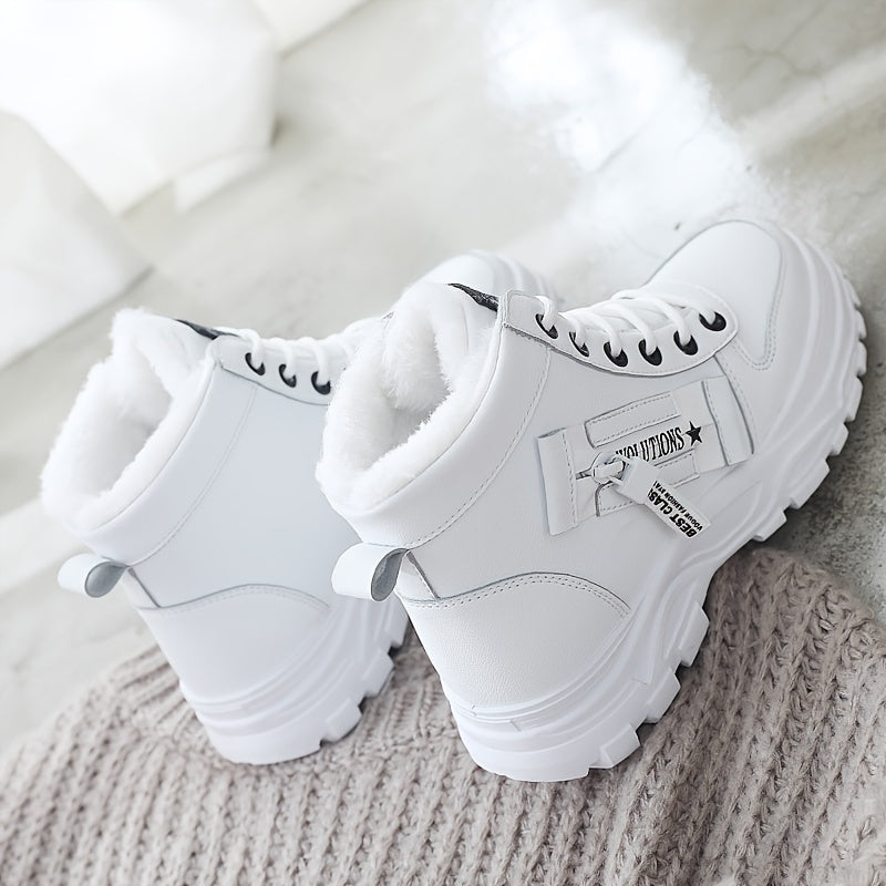 Women'S Winter High-Top Boots - Warm Fleece-Lined Ankle Boots with Thick Sole, Lace-Up Casual Style