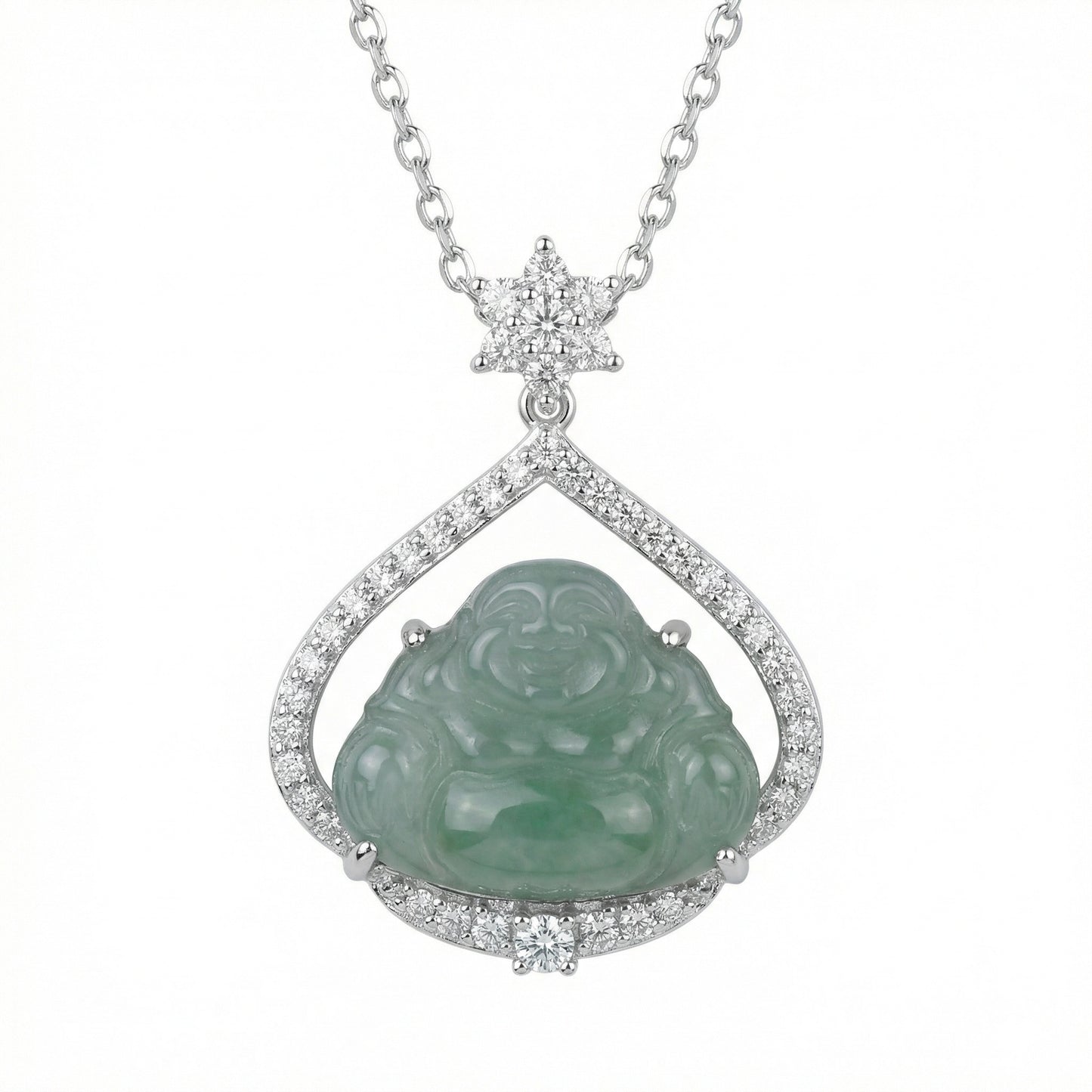 925 Sterling Silver Elegant Teardrop Jade Laughing Buddha Pendant Necklace with Sparkling Diamond Accents in White Metal